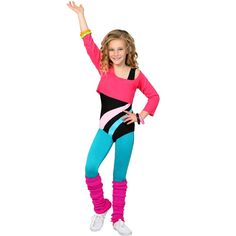 The Fun Costumes 1980s Workout Girl Costume for KidsLet her bring the neon-colored exercise energy to the Halloween party with our awesome Girls’ 80s Workout Girl Costume. Artfully and nostalgically crafted in our costume design studios, this Made by Us original is guaranteed to help her bring the best aerobic routine to every occasion. Product Design:This bold colored and comfortable exercise outfit starts with a polyester-spandex stretch knit black bodysuit with a printed stripe design. To com 80s Workout Costume, 80s Workout Outfit, Style Année 80, Workout Girl, 80s Workout, Kawaii Clothes Goth, Classic Converse, Toddler Converse, 80s Costume