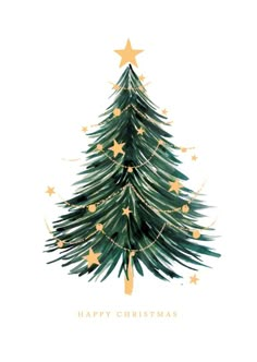 a watercolor christmas tree with gold stars on it and the words happy christmas written below