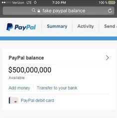 the paypal balance screen is shown with an email address and credit card on it