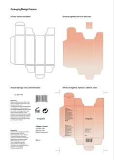 the packaging design process is shown in orange and white, as well as instructions for how to