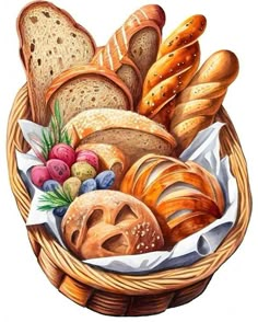 a basket filled with bread and other foods