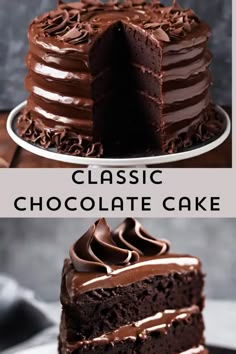 two pictures of a chocolate cake with one slice cut out and the other half eaten