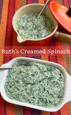 spinach dip in a white bowl with spoons