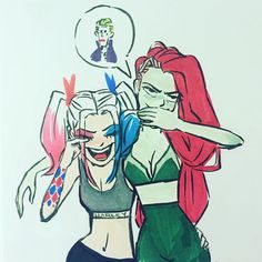 a drawing of two women with different colored hair and one has her hand on her face