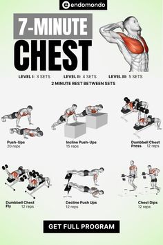 the 7 - minute chest workout is shown in this graphic style, with instructions to perform it