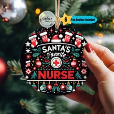 a christmas ornament with santa's favorite nurse on it hanging from a christmas tree