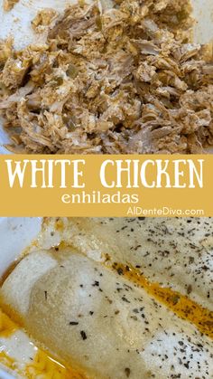 white chicken enchiladas with melted cheese and seasoning