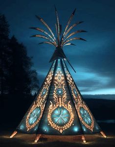 a lit up teepee sitting on top of a field