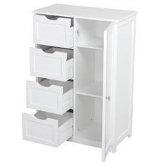 an open white cabinet with four drawers