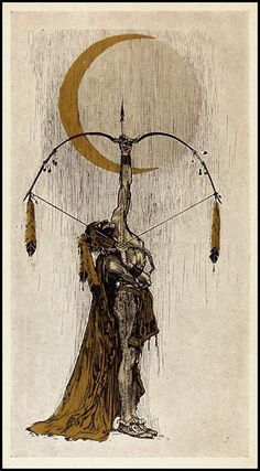 a drawing of a woman holding an arrow in her hand with the moon behind her