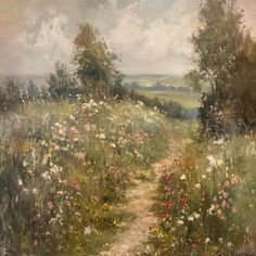 an oil painting of a path through a field with wildflowers and trees in the background