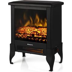 an electric stove with flames on the front and back sides, in black finish against a white background