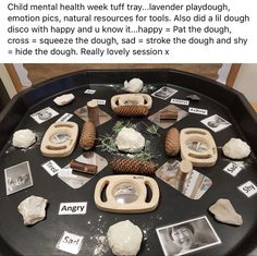 a black tray topped with pictures and pine cones