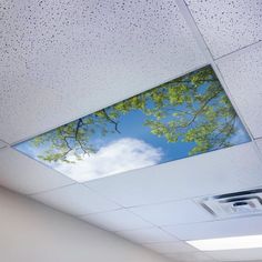 the ceiling in an office is decorated with green leaves and blue sky above it are two air ventilators