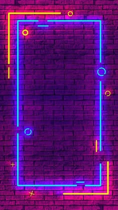 a brick wall with blue and pink neon lights in the shape of a rectangle