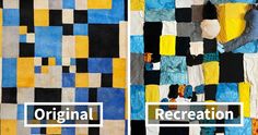 two pictures side by side, one with yellow and the other has blue and black squares