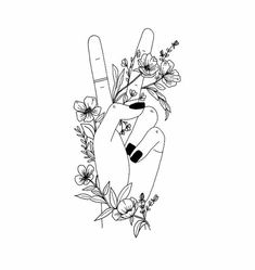 a hand with flowers on it holding the peace sign