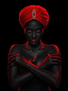 a woman with black skin and red hair wearing a turban