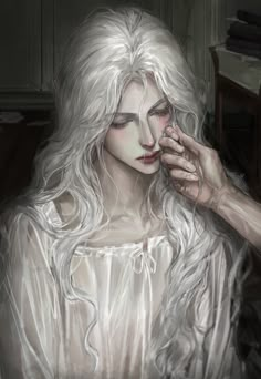 a painting of a woman with white hair holding her hand to her face and looking down