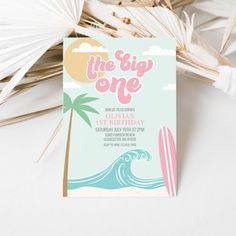 a surfboard and palm tree are on the beach themed birthday party card, which reads bubbly's up