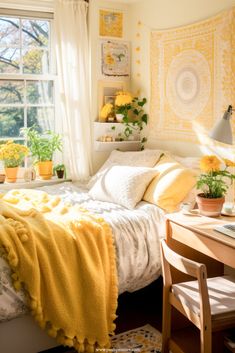 a bedroom with yellow and white decor on the walls, windows, and bedding