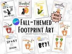 12 FALL-themed baby's footprint art craft! BONUS pages included for baby's first Halloween and Thanksgiving footprint art. Great for teachers, daycare crafts, NICU nurses, or fun stay-at-home holiday themed activities! A fun range of fall themed art work is included from spooky designs to sweet little designs.  Each design has a blank space that you can add the footprint/s with your child to the paper. You can reference the PDF included to see the best way I recommend placing your little one's f Fall Footprint Crafts For Infants, September Footprint Art For Infants, Baby Footprint Ideas, Fall Nicu Crafts, Thanksgiving Footprint Art For Infants, Thanksgiving Footprint Art, Fall Art For Infants, Fall Footprint Art, Nicu Footprint Craft Fall