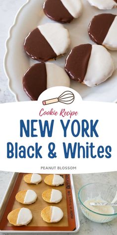 new york black and white cookies on a plate with a whisk in the middle