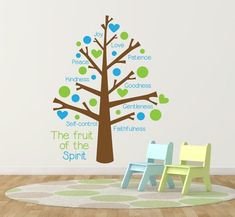 the fruit of the spirit tree wall decal is shown in green, blue and brown