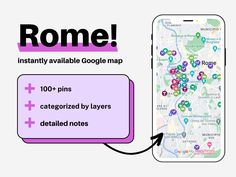 an image of a map with the words rome on it and a cell phone next to it