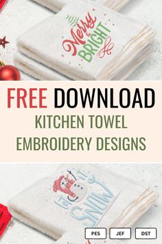 the kitchen towel embroidery pattern is shown with christmas decorations and other items in front of it