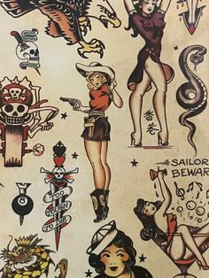 an old school tattoo design with girls and tattoos on it's back wallpaper