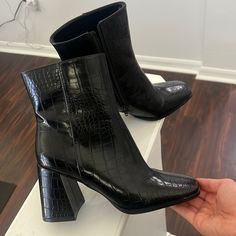 Size 7.5 Unworn Only Tried On Once Again Idk Who I Thought I Was Ordering Heels I’ll Never Wear But Time To Clean Out My Closet Super Easy To Walk In And Cute Shiny Almost Patent But Textured Look Square Boots, Alligator Boots, Fashion Board, 2024 Fashion, Winter 2024, Boots Outfit, Skin Color, Shoes Heels Boots, Clean Out