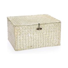 a white box with a brown handle on the lid and an intricate pattern is shown