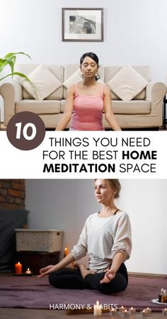 a woman meditating in her living room with candles on the floor and text overlay that reads 10 things you need for the best home meditation space