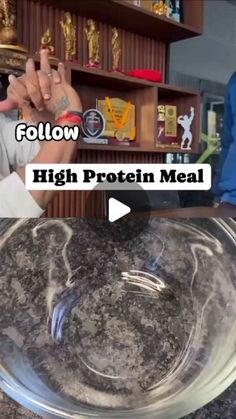 a man holding a glass bowl with food in it and the words follow high protein meal