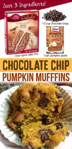 chocolate chip pumpkin muffins on a plate with text overlay that says just 3 ingredients