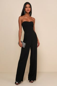 Strapless Jumpsuit Outfit Dressy, Cocktail Attire For Women Pants, Black Jumper Outfit Dressy, Black Strapless Dress Outfit, Black Jumpsuit Outfit Night Classy, Wedding Guest Jumpsuits, Formal Outfits For Women Parties, Black Jumper Outfit, Choir Outfits