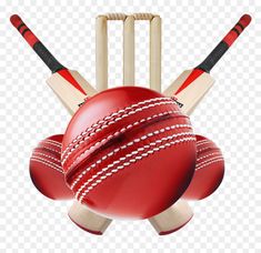 a red cricket ball and two bats on a transparent background png image with no background