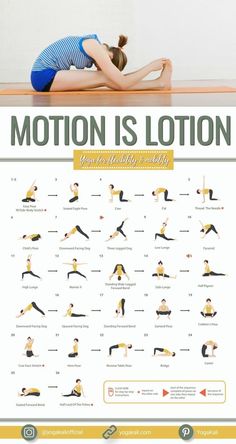 a woman doing yoga poses with the words motion is lotion above her and below her