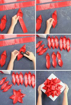 step by step instructions on how to make paper shoes with ribbon and bowknots