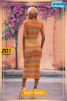 Vacays Chevron Knit Midi Dress - Orange Casual Multicolor Sweater Dress, Fall Vacation Knit Dresses, Casual Spring Sweater Dress For Beach, Knit Dresses For Fall Vacation, Casual Spring Sweater Dress For The Beach, Ribbed Midi Dress For Vacation, Spring Beach Knit Sweater Dress, Casual Summer Knit Sweater Dress, Spring Ribbed Multicolor Dress