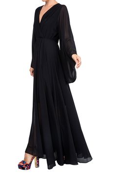 This gorgeous and versatile maxi dress has an effortless pleated surplice front bodice that gathers at an elasticized waist. The wide kimono-inspired shaped sleeves add unexpected drama. This striking maxi dress has a center back neck pleat with a pull over fit. Black Boho Maxi Dress, Jet Black Color, Fashion District, Medium Dress, Long Black Dress, Boho Maxi, Sheer Chiffon, Black Maxi, Long Sleeve Maxi