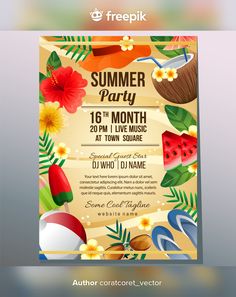 a flyer for a summer party with watermelon, coconuts and other items