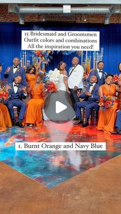 the bride and grooms are posing for a photo on stage with their orange dresses