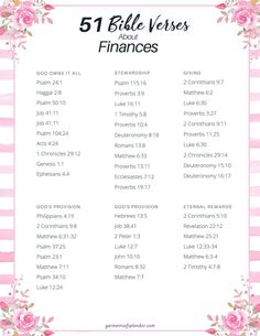 the 51 bible verses about finance with pink flowers and white stripes on it, in front of a pink background