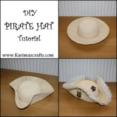 three pictures showing how to make a pirate hat