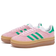 The Adidas Gazelle Bold W Sneakers feature a suede upper with leather details. They have a lace-up closure and are grounded by a gum rubber sole with embossed branding at the heel. These are sneakers with the signature 3-stripes. Adidas Samba Pink, Green Adidas Gazelle, Adidas Gazelle Pink, Adidas Gazelle Bold, Pinterest Challenge, Gazelle Bold, Adidas Primeknit, Green Adidas, Platform Sneaker