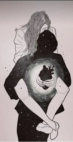 a drawing of two people hugging each other with stars in the sky behind them and an image of a frog on their back