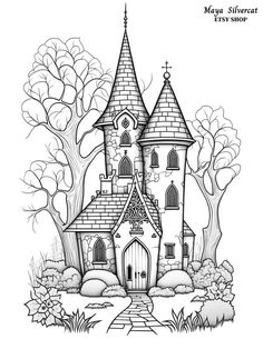 a drawing of a castle in the woods