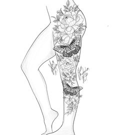 a black and white drawing of a woman's leg with flowers on the side